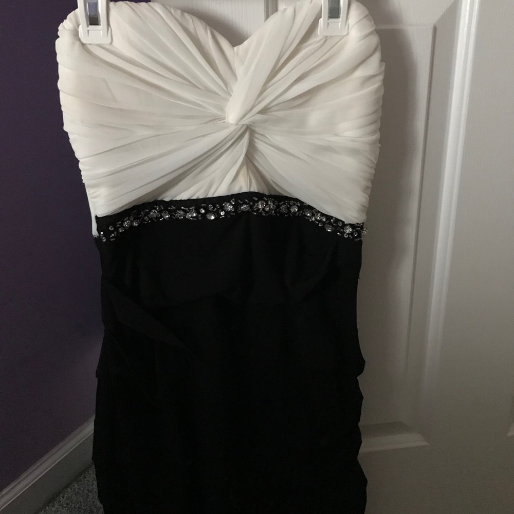 White and black formal dress with gems